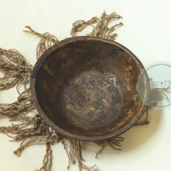 Distressed newborn photography posing bowl in natural wood