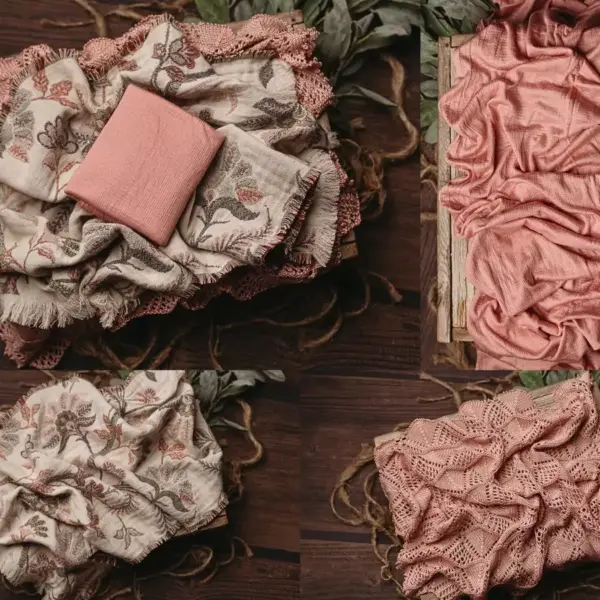 Pink newborn photography set with stretch wrap, textured blanket, and fringed floral layer