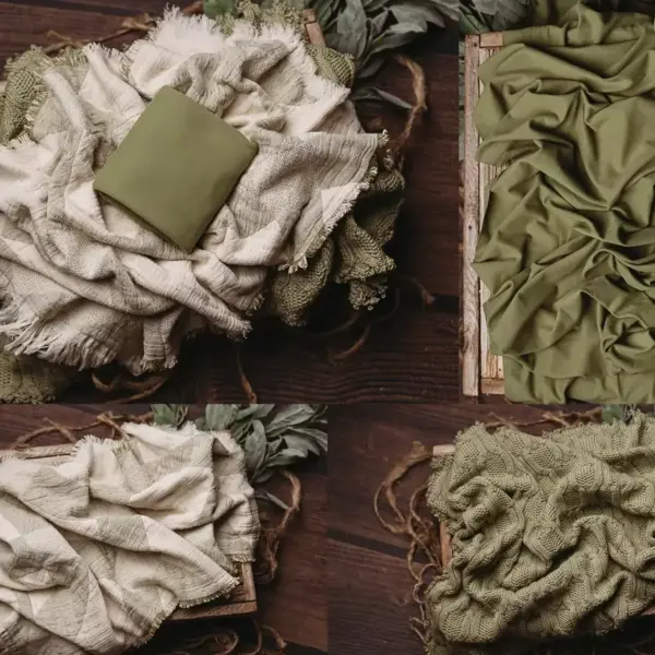 Given the following product for my newborn props site, https://mayplusmillnewbornprops.com/wp-content/uploads/2025/12/20251020-c3-go-ben-green-no-price.webp, please provide me the following: 1. Product image alt text, title, caption, and description 2. product name, description, slug, short description, tags 3. sku This particular product is a set with 3 pieces. The set image is in the top left, stretch wrap in the top right, fringed sweater blanket in the bottom right, and the fringed vintage layer in the bottom left.