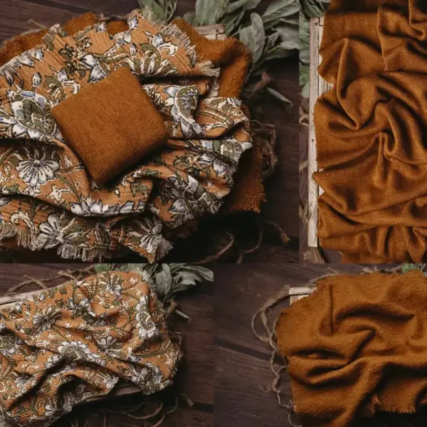 Potter’s clay rust newborn photography set with stretch wrap, fuzzy fringed blanket, and fringed floral layer